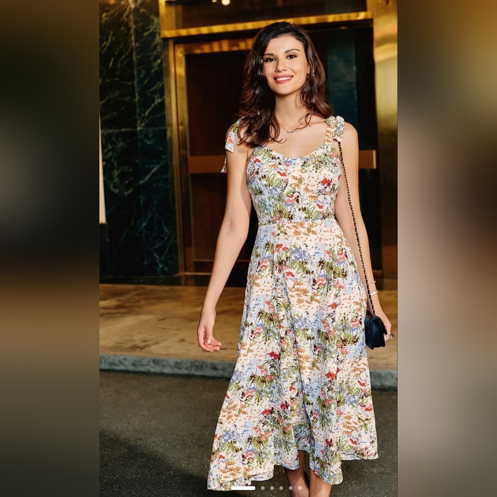 Floral Midi Dress with Cap Sleeves - White Multi